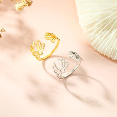 Lotus Flower and Lotus Leaf Ring Silver plated