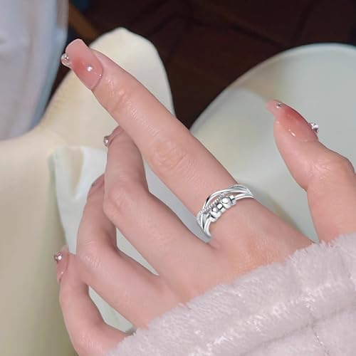 925 Sterling Silver Anxiety Ring for Women – Adjustable Spinner Thumb Ring with Worry Beads | Anti-Stress Fidget Ring | Stress Relief Jewellery