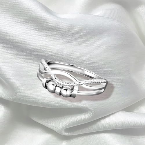 925 Sterling Silver Anxiety Ring for Women – Adjustable Spinner Thumb Ring with Worry Beads | Anti-Stress Fidget Ring | Stress Relief Jewellery