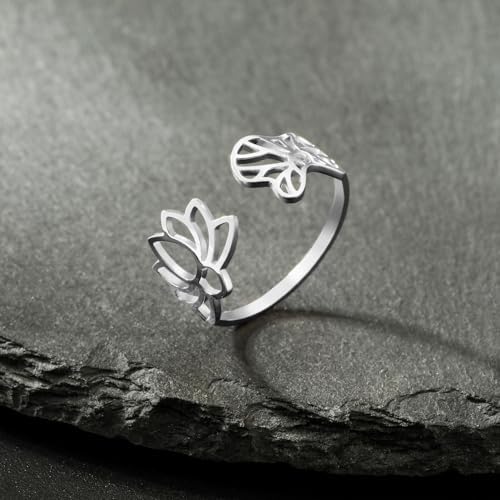 Lotus Flower and Lotus Leaf Ring Silver plated