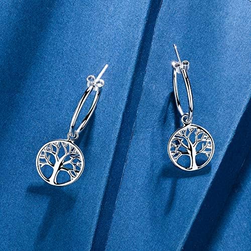 Half Hoop Earrings with Dangling Tree of Life, Diameter 20mm