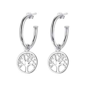 Half Hoop Earrings with Dangling Tree of Life, Diameter 20mm