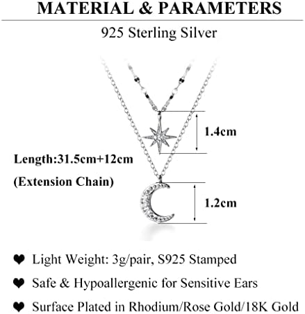925 Sterling Silver Layered Star Moon Necklace Double Chain Choker Necklace