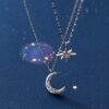 925 Sterling Silver Layered Star Moon Necklace Double Chain Choker Necklace