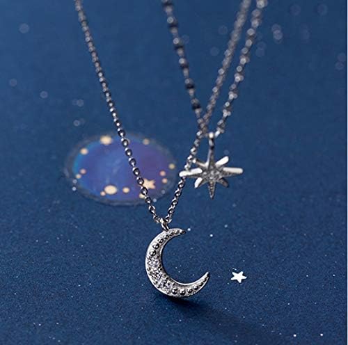 925 Sterling Silver Layered Star Moon Necklace Double Chain Choker Necklace
