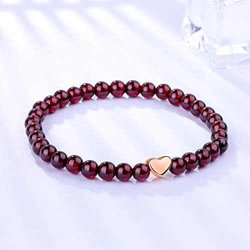 5mm Garnet Beaded Stretch Bracelet with 925 Silver Heart
