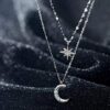925 Sterling Silver Layered Star Moon Necklace Double Chain Choker Necklace