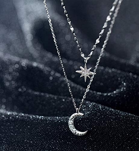 925 Sterling Silver Layered Star Moon Necklace Double Chain Choker Necklace