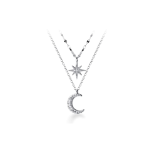 925 Sterling Silver Layered Star Moon Necklace Double Chain Choker Necklace