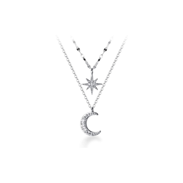 925 Sterling Silver Layered Star Moon Necklace Double Chain Choker Necklace